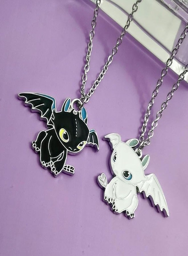 El Regalo 2Pcs Black White Little Flying Dragon Pendant Necklaces Set - How To Train Your Dragon Night Fury And Light Fury Metal Pendant Necklace Set For Unisex-Child - Image 2